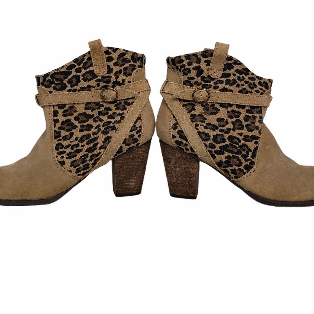 AEO Stacked Heel Tan & Leopard Print Booties Sz11 - Picture 4 of 9